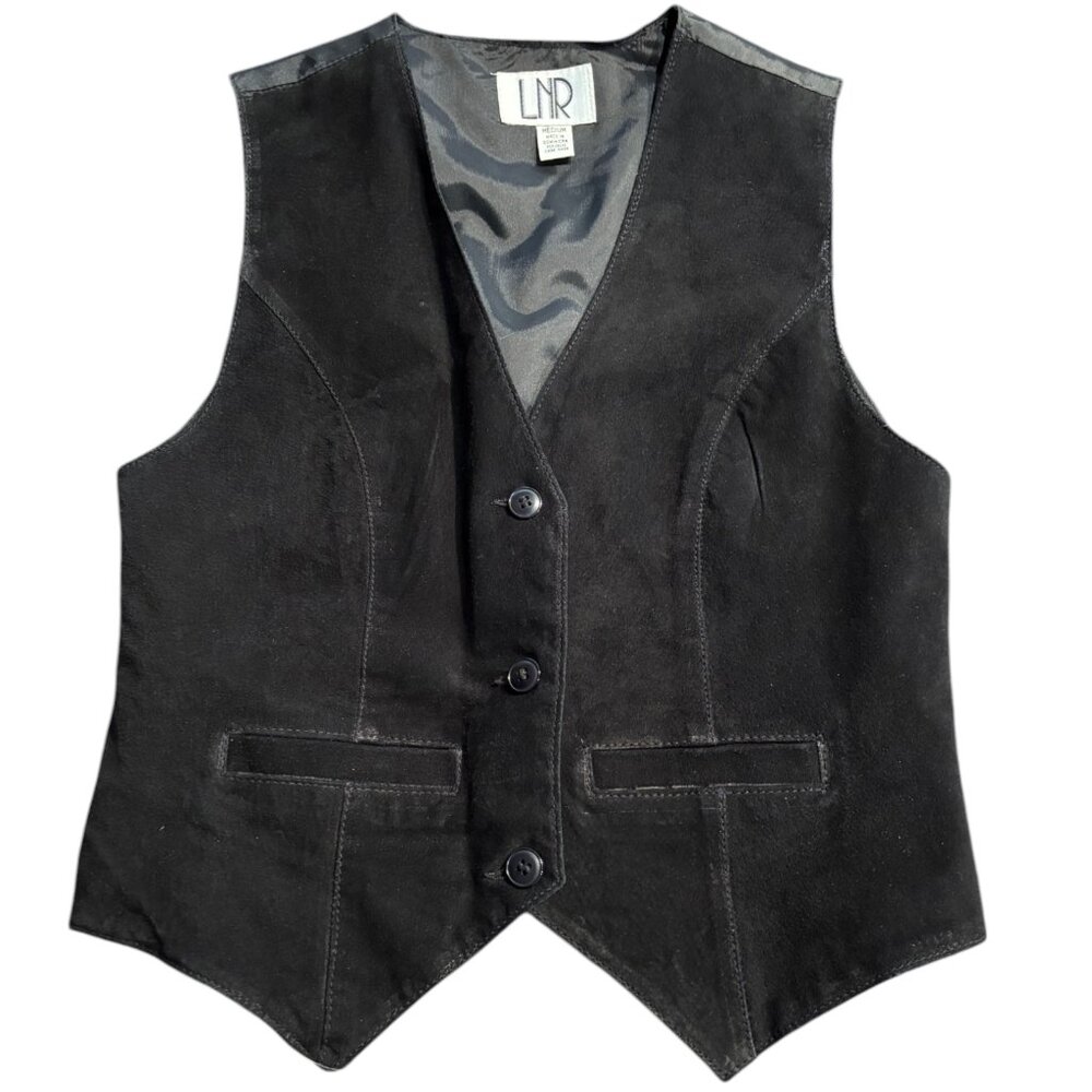 LNR‎ vintage 90s black genuine leather suede button up vest pockets sz M